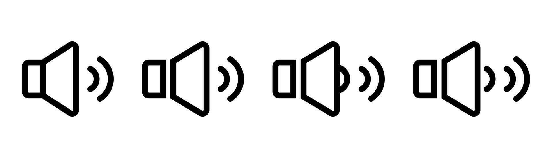 Volume icon set. Sound icon in line. Outline speaker sign in black. Volume symbol. Sound sign in line. Speaker icon set. Stock vector