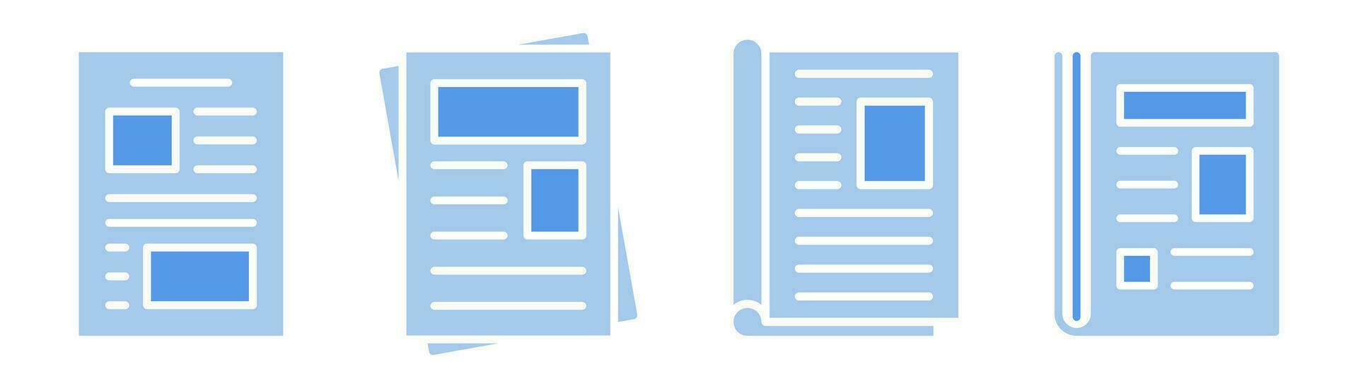 periódico icono colocar. diario firmar en departamento. plano periódico icono. revista icono en departamento. documento símbolo. periódico en azul. valores vector