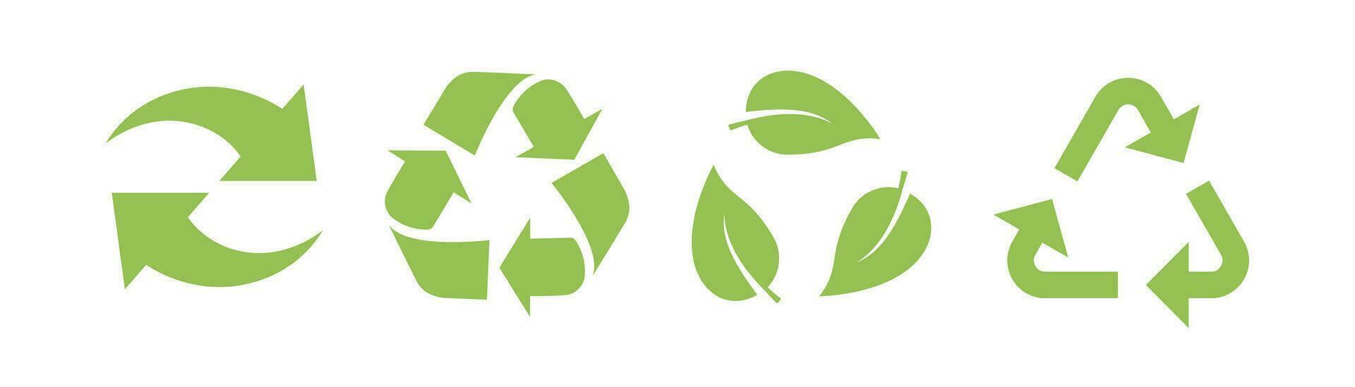 reciclar icono colocar. reciclar flecha en verde. reciclar hoja icono. reutilizar símbolo. eco signo. eco triángulo. verde hojas símbolo. naturaleza contaminación símbolo vector