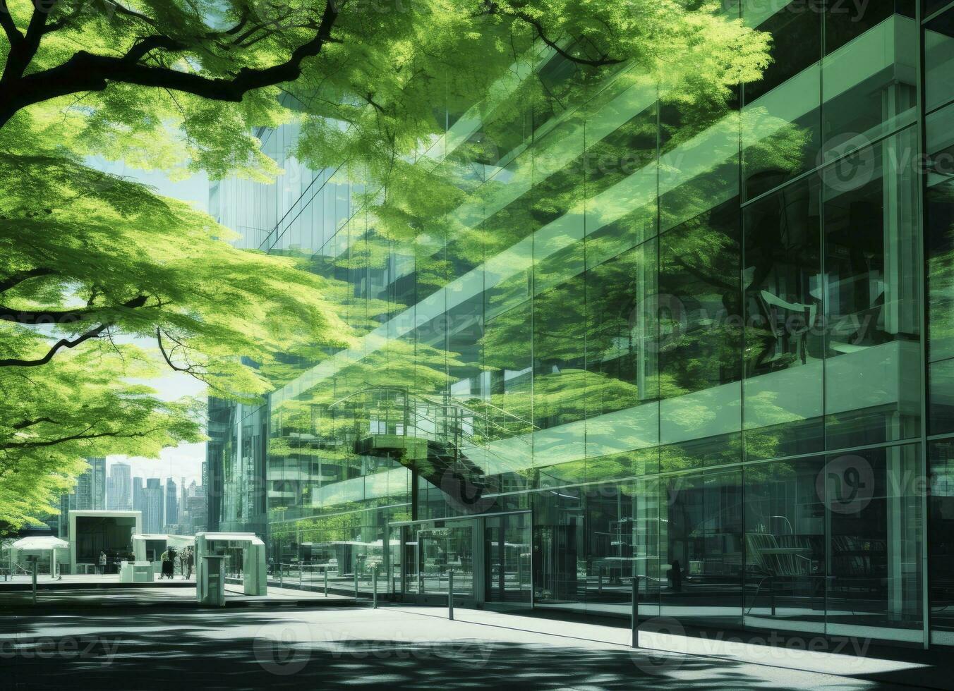 Vividly Saturated Transparent Office Enveloped by Lush Green Trees and an Office Building. AI Generated photo