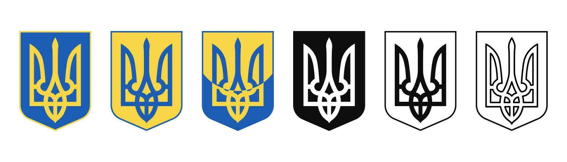 Ukraine trident icons set. Trident symbol on Ukraine. Ukrainian emblem. Trident with shield symbol. Blue and yellow flag. Stock vector illustration