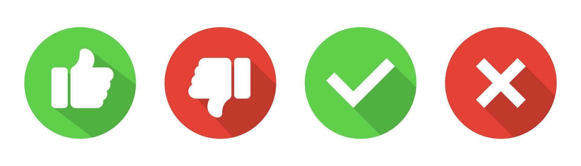 Like and dislike button. Green checkmark tick. Red cross button. Thumb up and thumb down. Like and dislike symbol in circle. Checkmark tick in green. Stock vector