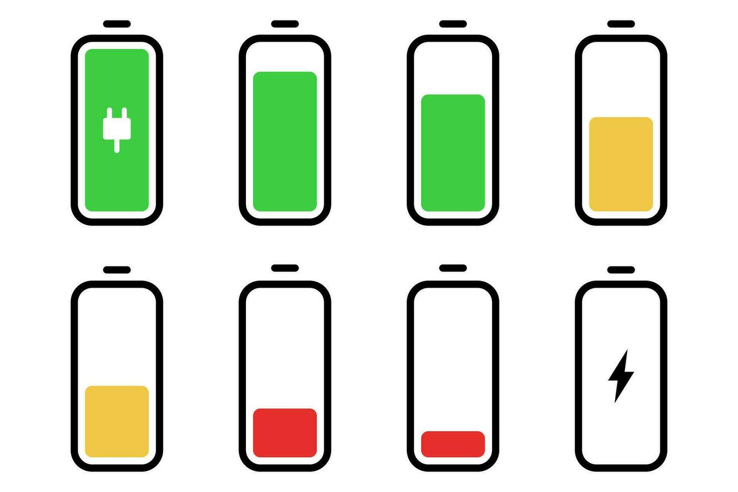 batería icono colocar. acumulador nivel icono. móvil batería símbolo. poder firmar colocar. móvil batería nivel indicador. valores vector