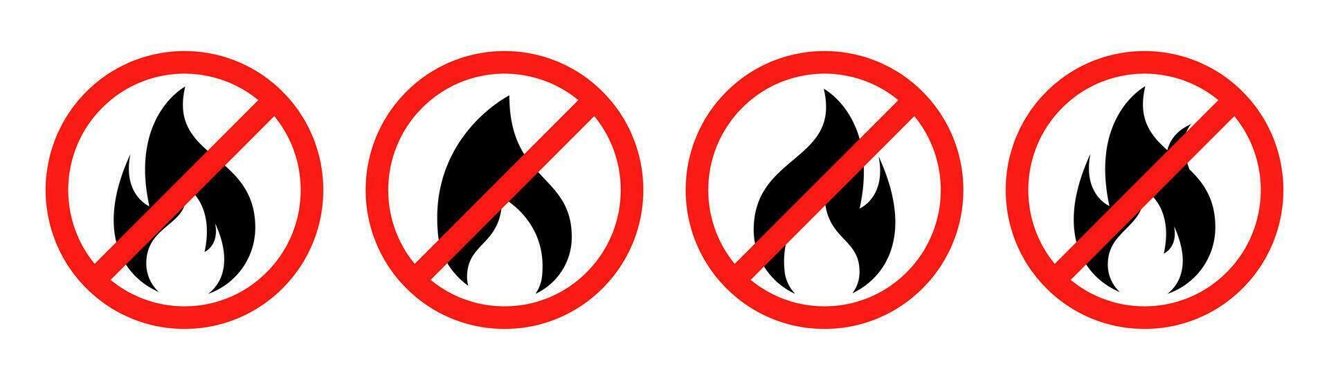No fire restriction. No fire flame icon in red circle. Fire symbol in black. Red fireball sign. No campfire symbol. Flame vector. Stock vector illustration