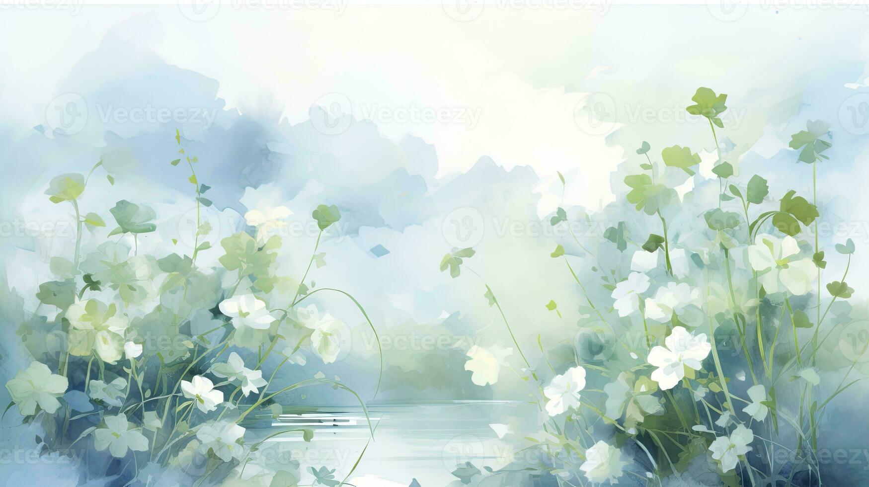 Green Flowers and Leaves Watercolor Painting Soft, Dreamy Landscape Digital Art. AI Generated photo