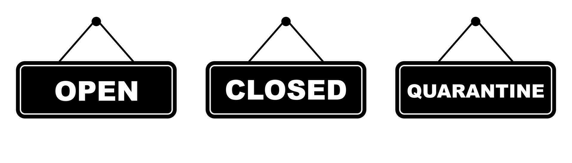 Open and closed sign board. Quarantine signboard. Open and closed board. Black store sign. Stock vector illustration