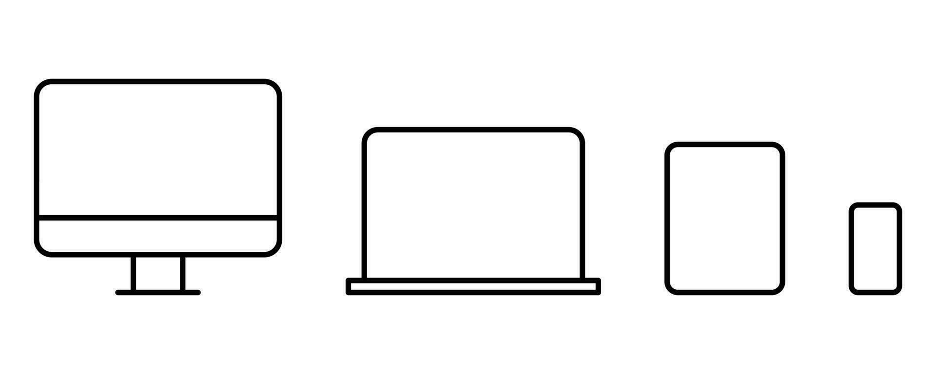 Computer, laptop, tablet and phone icon. Device icon set. Computer icon in outline. Laptop symbol in black. Tablet in line. Smartphone illustration. Computer and laptop collection vector