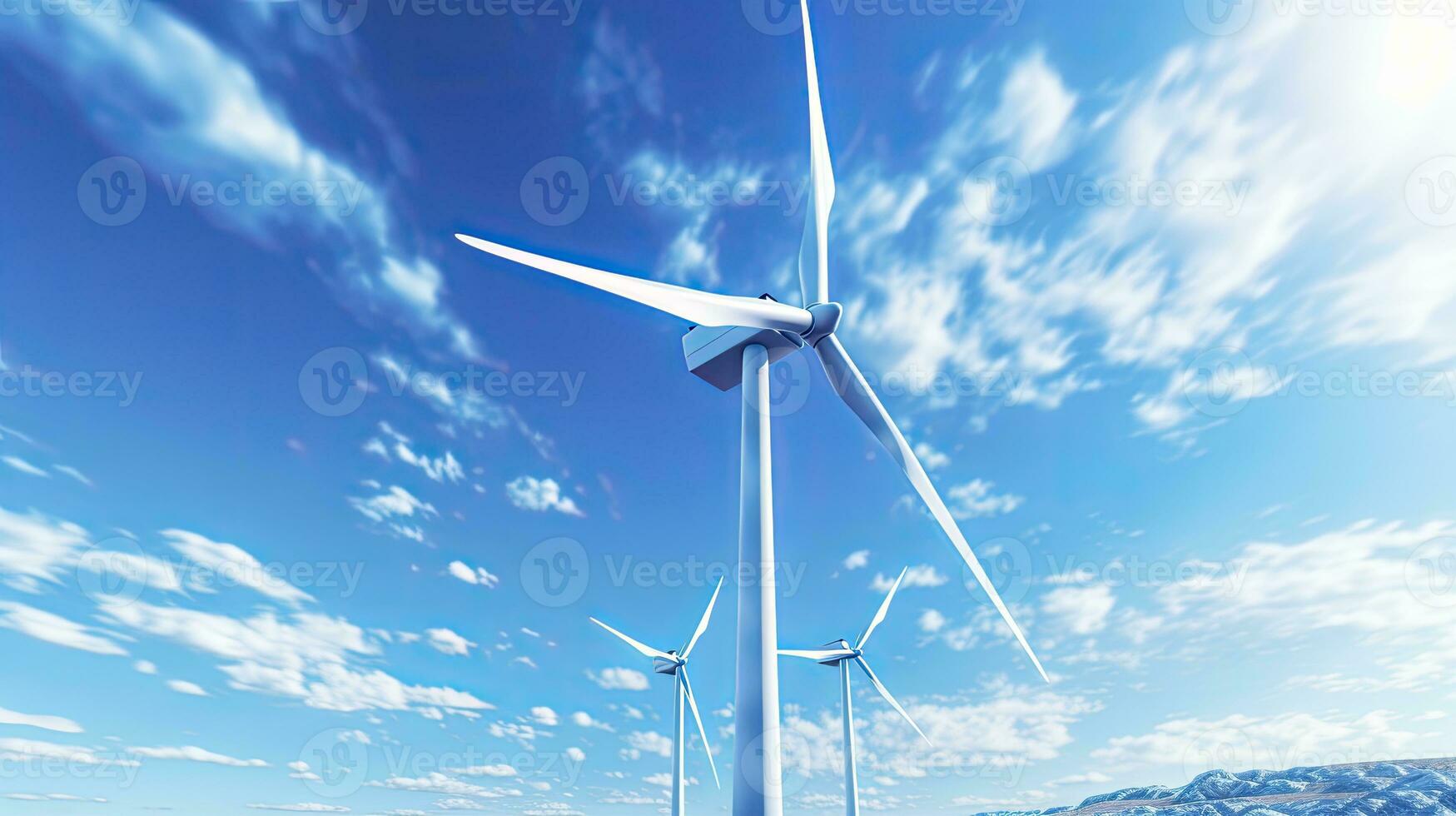 Close-Up of Wind Turbine Against Blue Sky Background. AI Generated photo