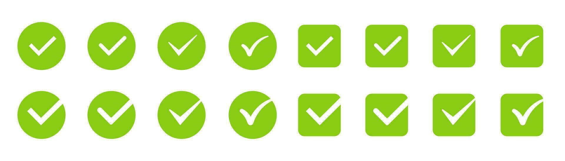 Green checkmark tick set. Correct tick symbol. Round and square checkmark tick. Correct sign icons. Approved symbol in green. Positive choice sign. Stock vector illustration