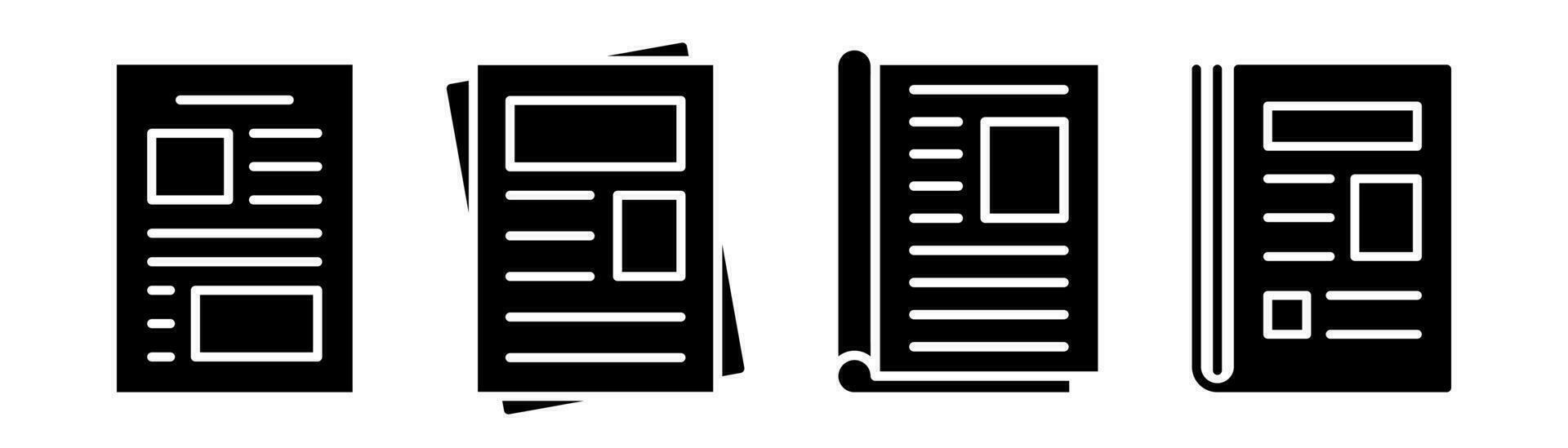 Newspaper icon set. Journal sign in glyph. Black newspaper icon. Magazine icon in glyph. Document symbol. Newspaper in black. Stock vector