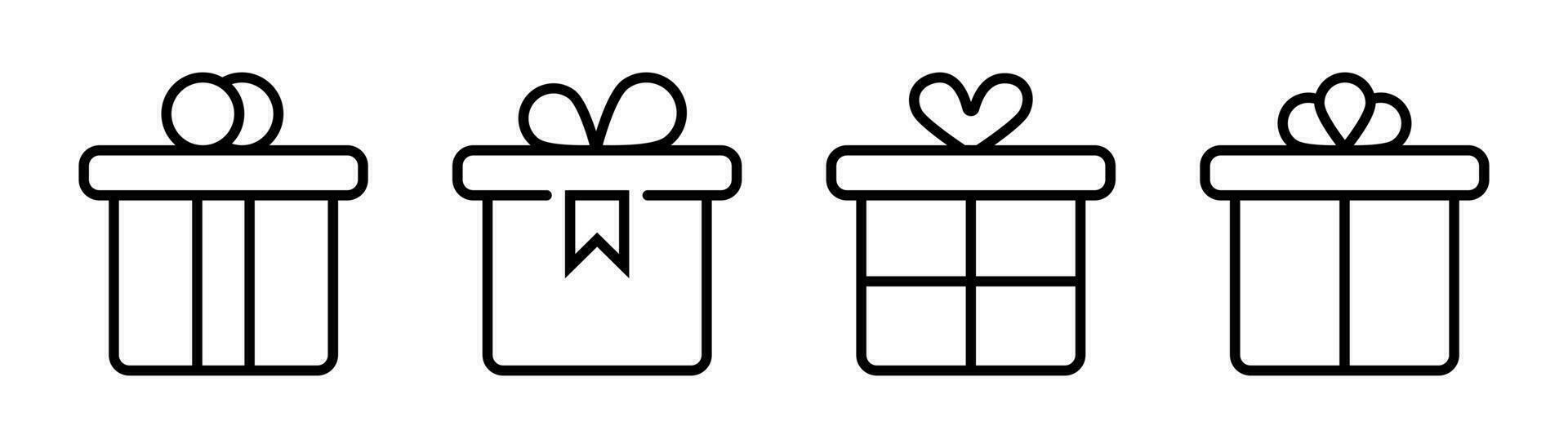 Gift box icon set. Present box in outline. Gift package in line. Present symbol with heart shape. Valentines day gift. Stock vector illustration.