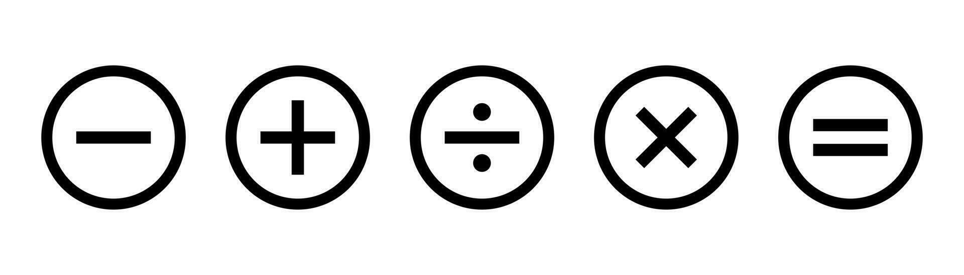 Calculator icons set. Minus, plus and equal symbols. Mathematic symbol in circle. Calculator symbol in line. Stock vector illustration