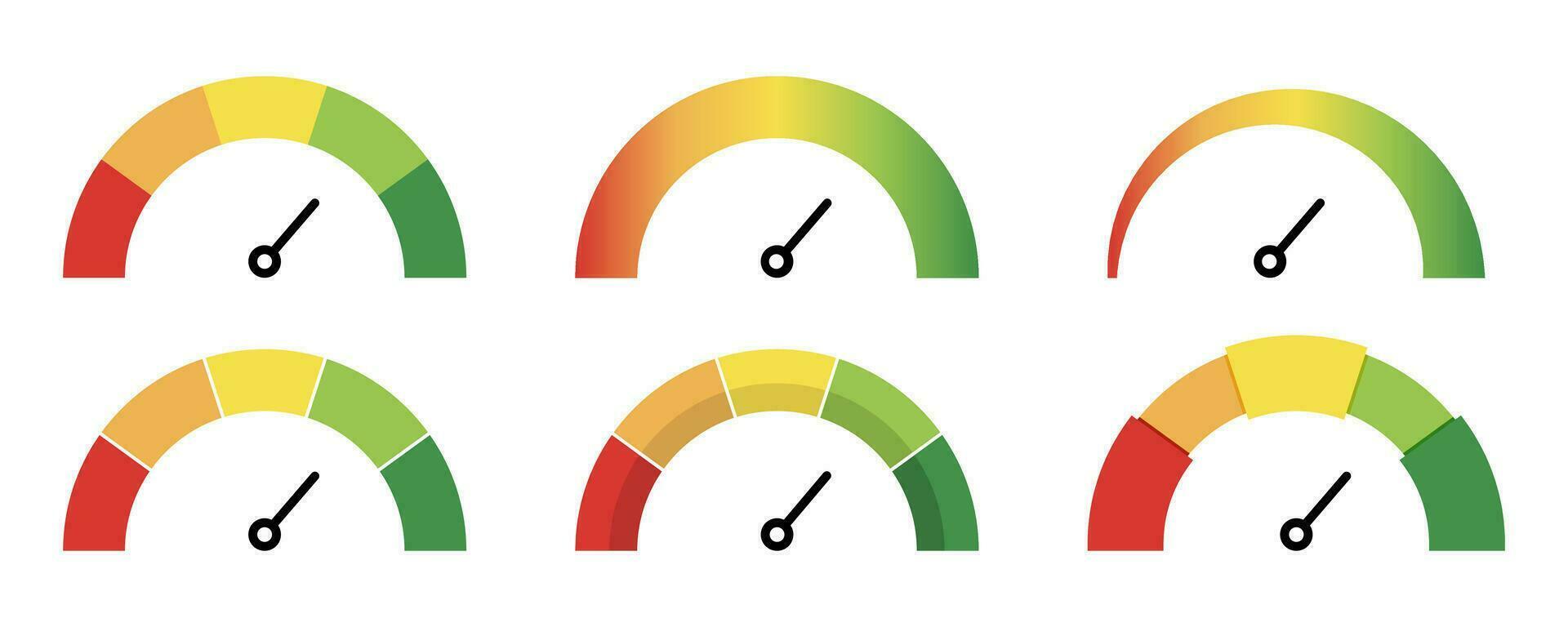 Rating measure scale. Speedometer indicator set. Quality meter with arrow. Feedback rating indicator. Quality icons set. Low and high rating measure. Stock vector