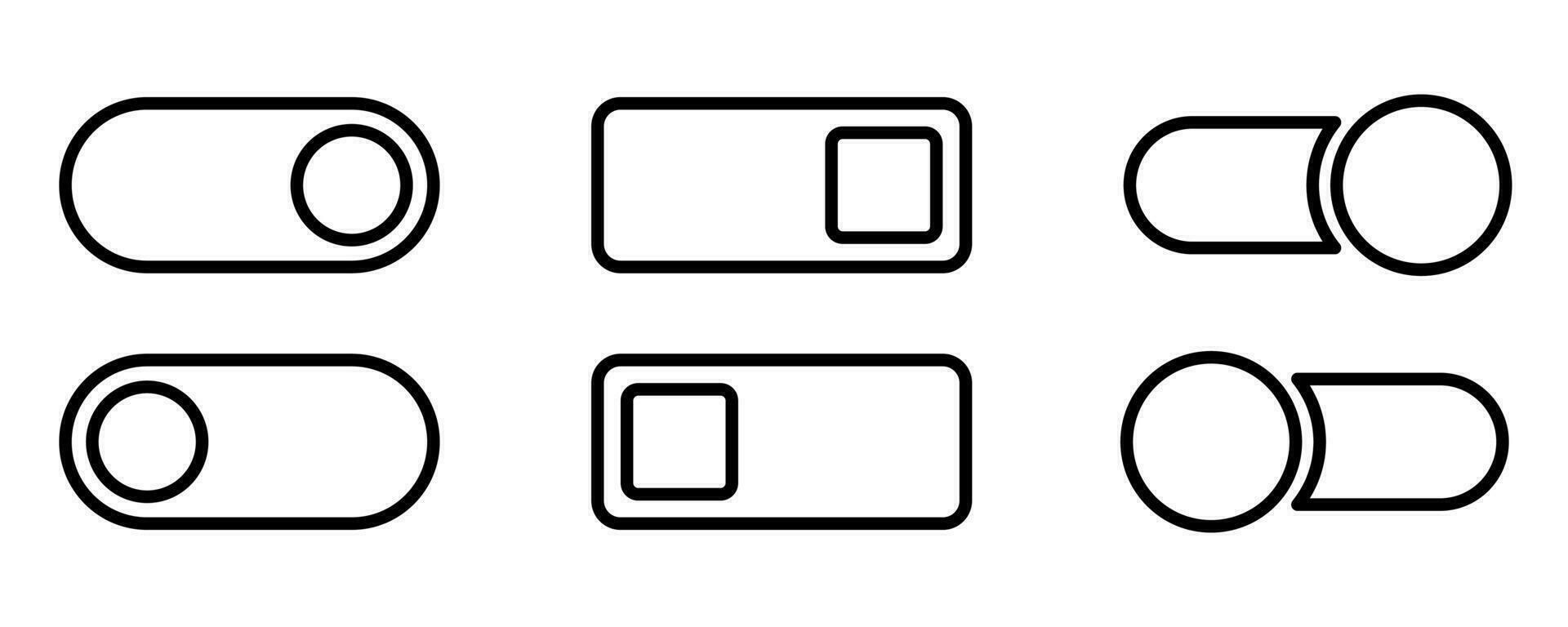 Outline toggle icon set. Switch toggle slider. Turn off and on toggle. Outline switcher icon set. Switcher in black. Linear Turn on slider. Active and inactive slider. Stock vector illustration