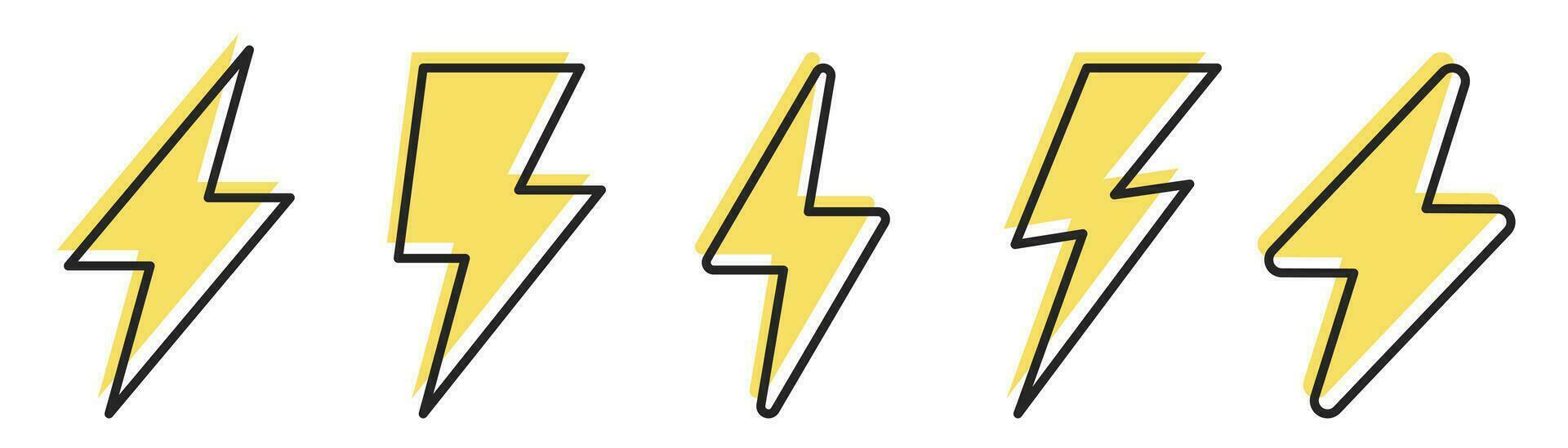 Yellow lightning bolt. Thunderbolt icons set. Black and yellow charge symbol. Outline thunderbolt icon set. Energy symbol. Lightning bolt sign set. Stock vector illustration