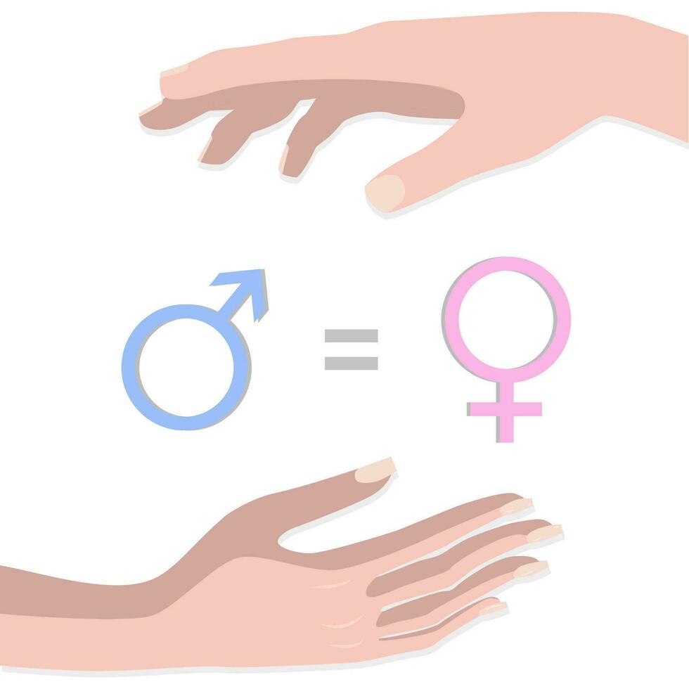 Vector illustration gender equality. Female and male hand holding a man and woman icon on the same level. Vector graphics