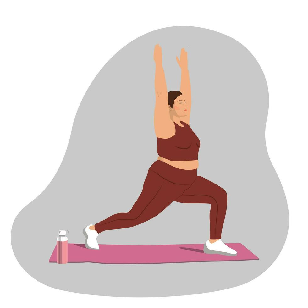 A plump girl is doing yoga in a peaceful pose on a mat with a shaker on the floor. Healthy lifestyle, calorie burning concept. Vector illustration about losing unhealthy weight, body love, positivity