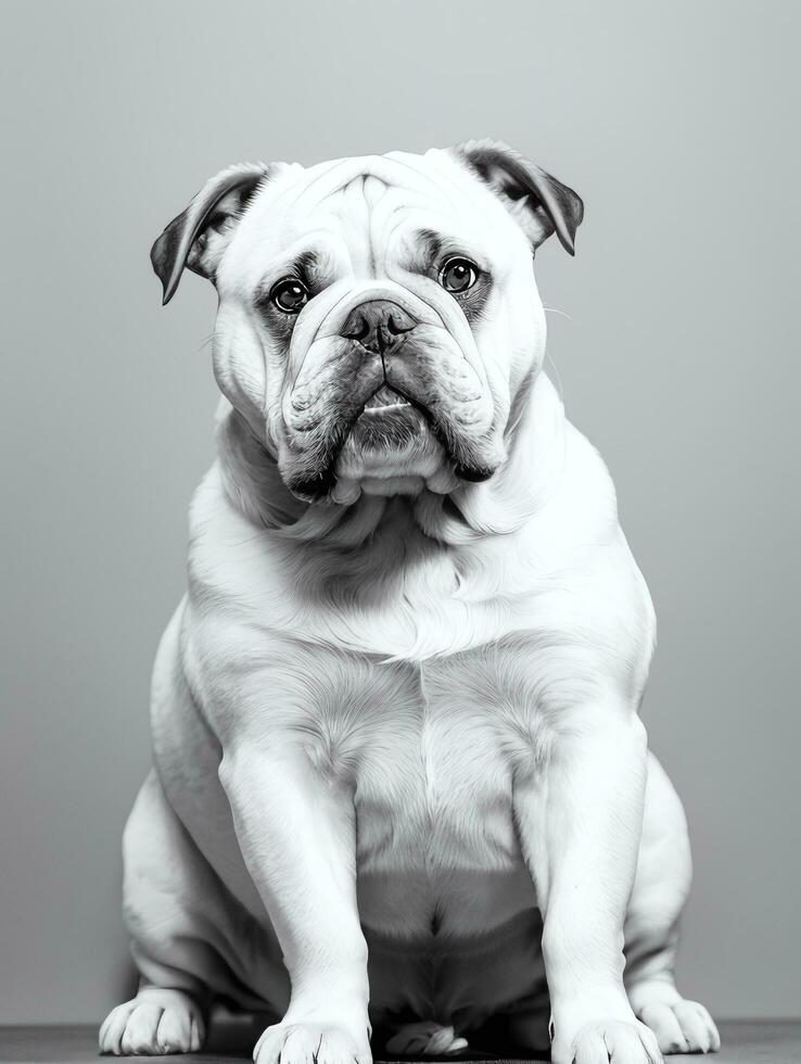 Happy Dog Bulldog Black and White Monochrome Photo in Studio Lighting