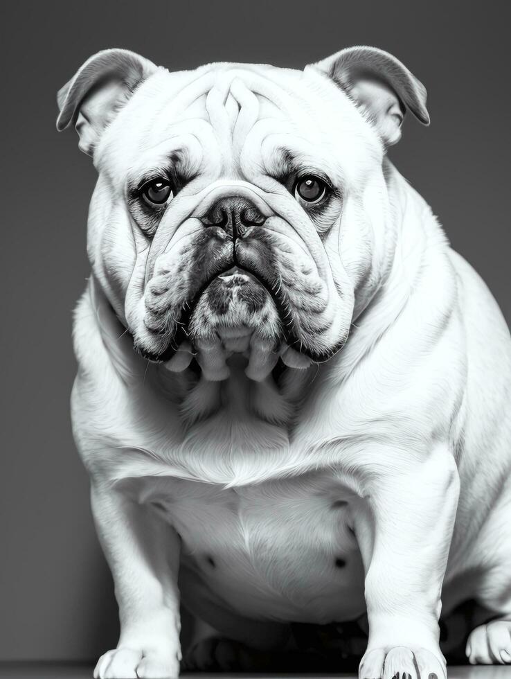 Happy Dog Bulldog Black and White Monochrome Photo in Studio Lighting