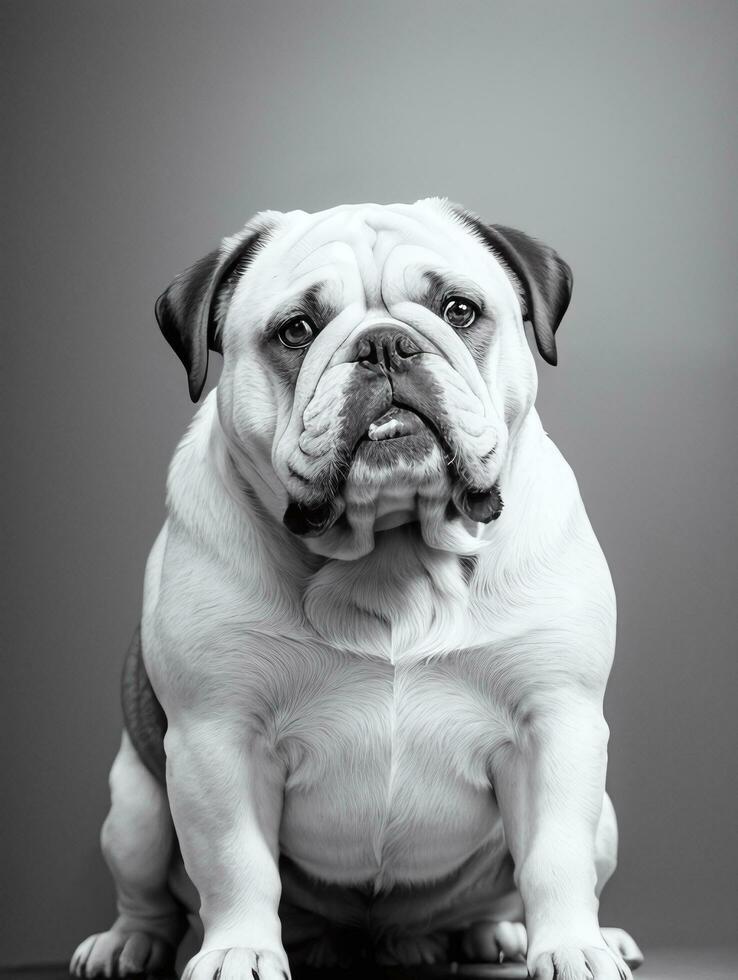 Happy Dog Bulldog Black and White Monochrome Photo in Studio Lighting