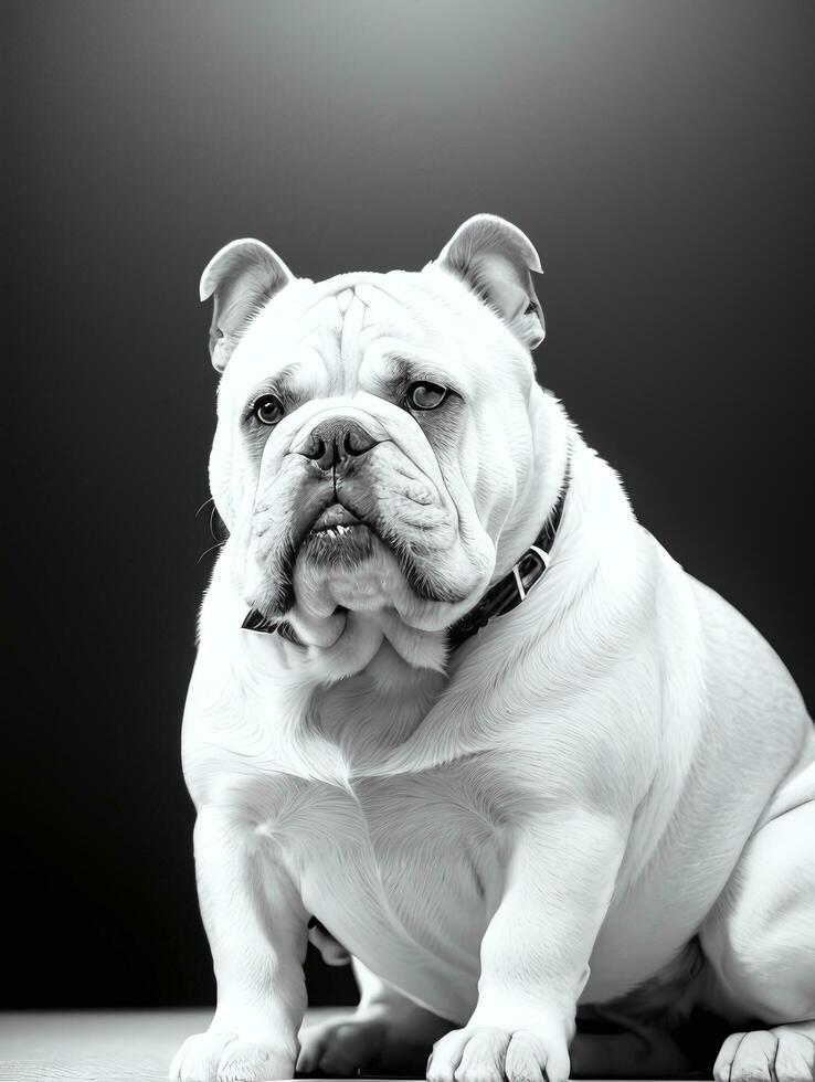 Happy Dog Bulldog Black and White Monochrome Photo in Studio Lighting