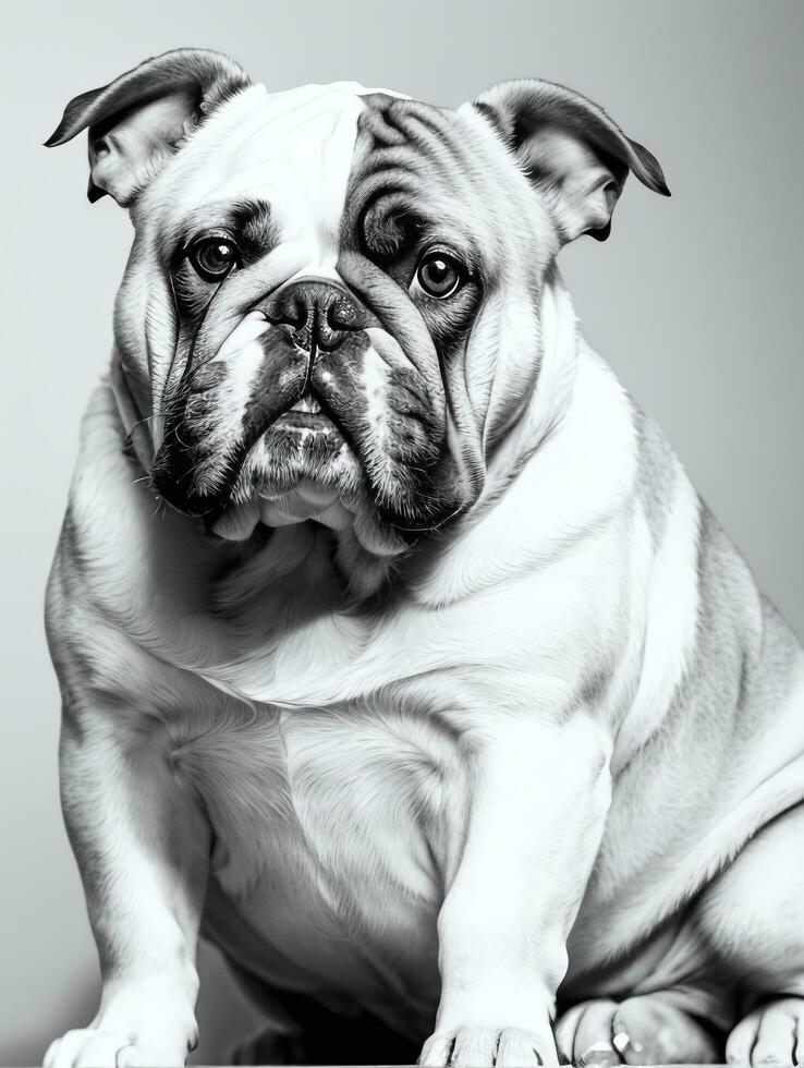 Happy Dog Bulldog Black and White Monochrome Photo in Studio Lighting