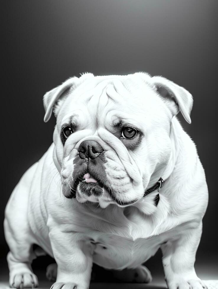 Happy Dog Bulldog Black and White Monochrome Photo in Studio Lighting