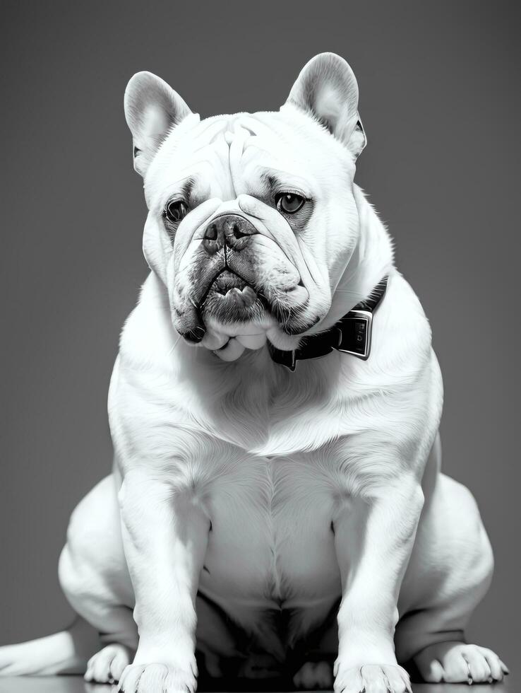 Happy Dog Bulldog Black and White Monochrome Photo in Studio Lighting