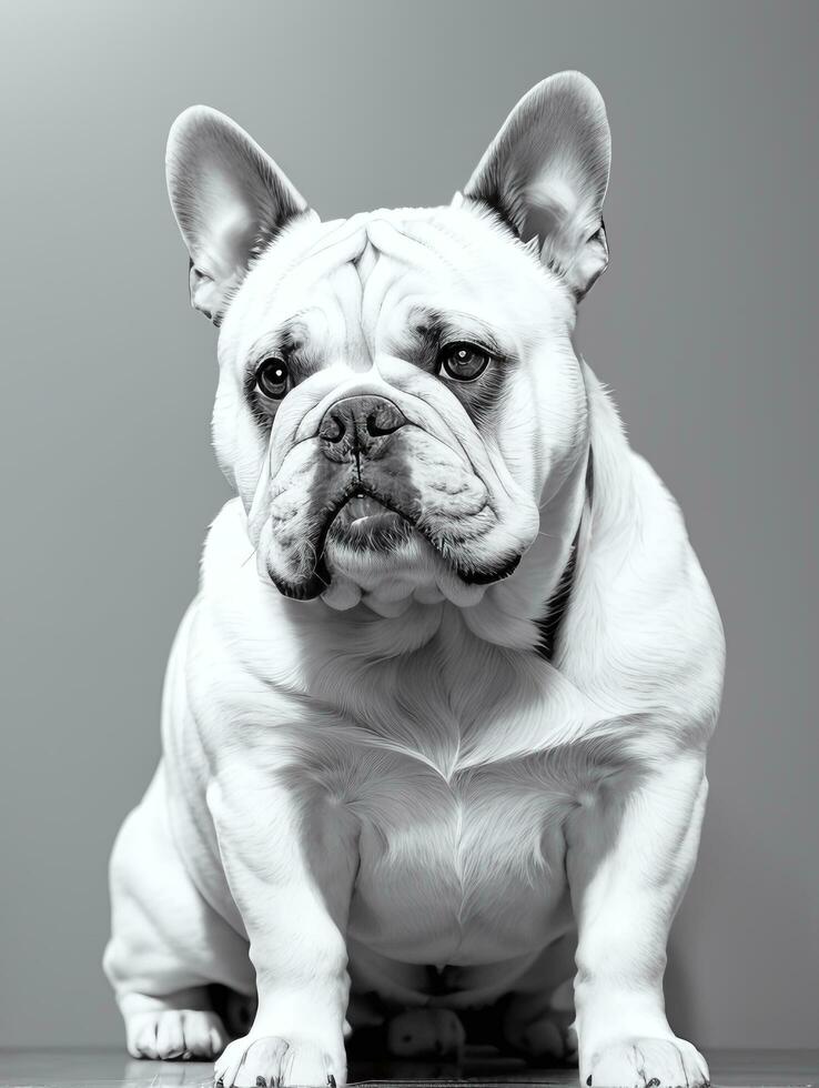 Happy Dog Bulldog Black and White Monochrome Photo in Studio Lighting