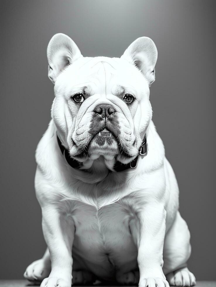 Happy Dog Bulldog Black and White Monochrome Photo in Studio Lighting