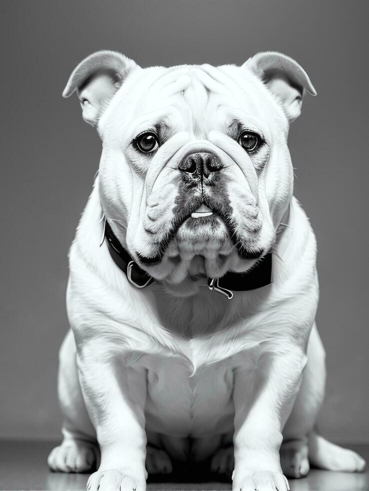 Happy Dog Bulldog Black and White Monochrome Photo in Studio Lighting