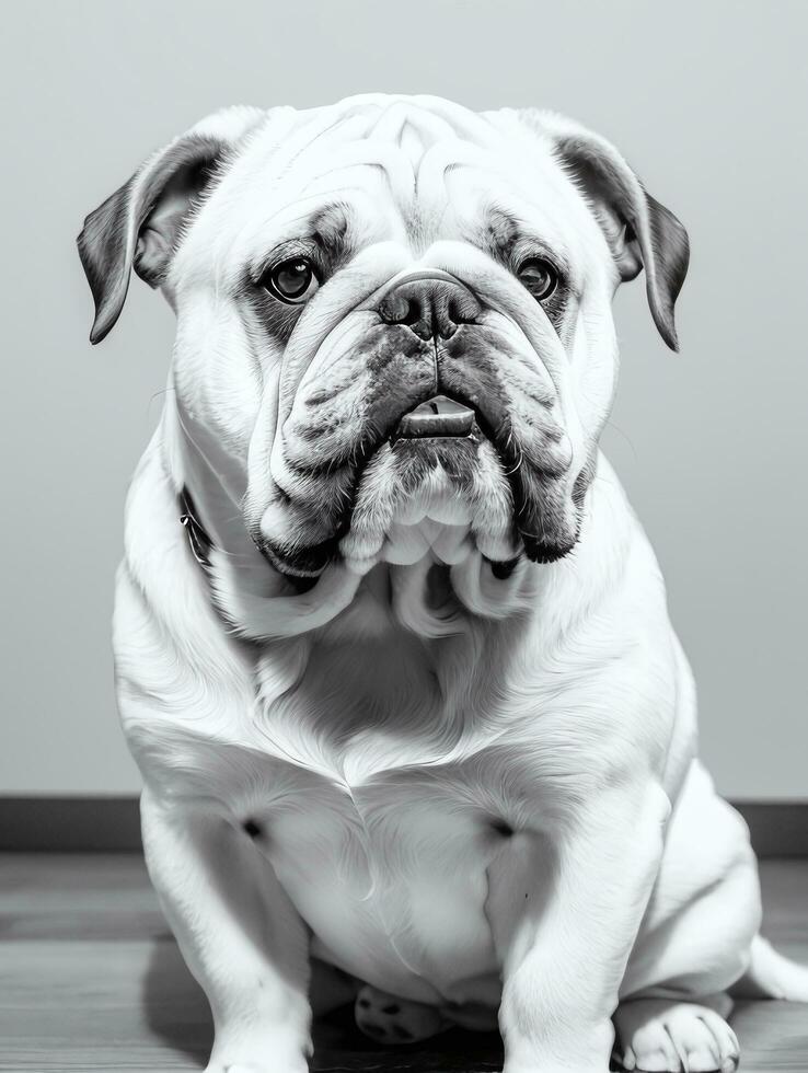 Happy Dog Bulldog Black and White Monochrome Photo in Studio Lighting