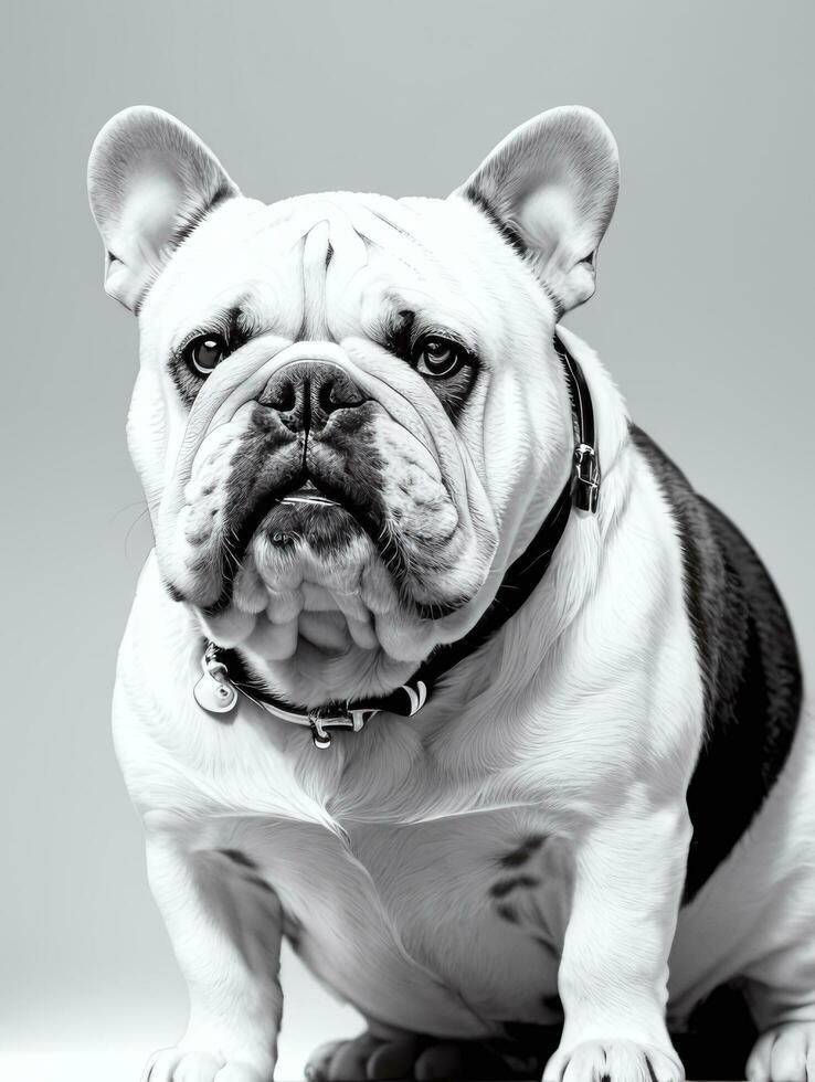 Happy Dog Bulldog Black and White Monochrome Photo in Studio Lighting