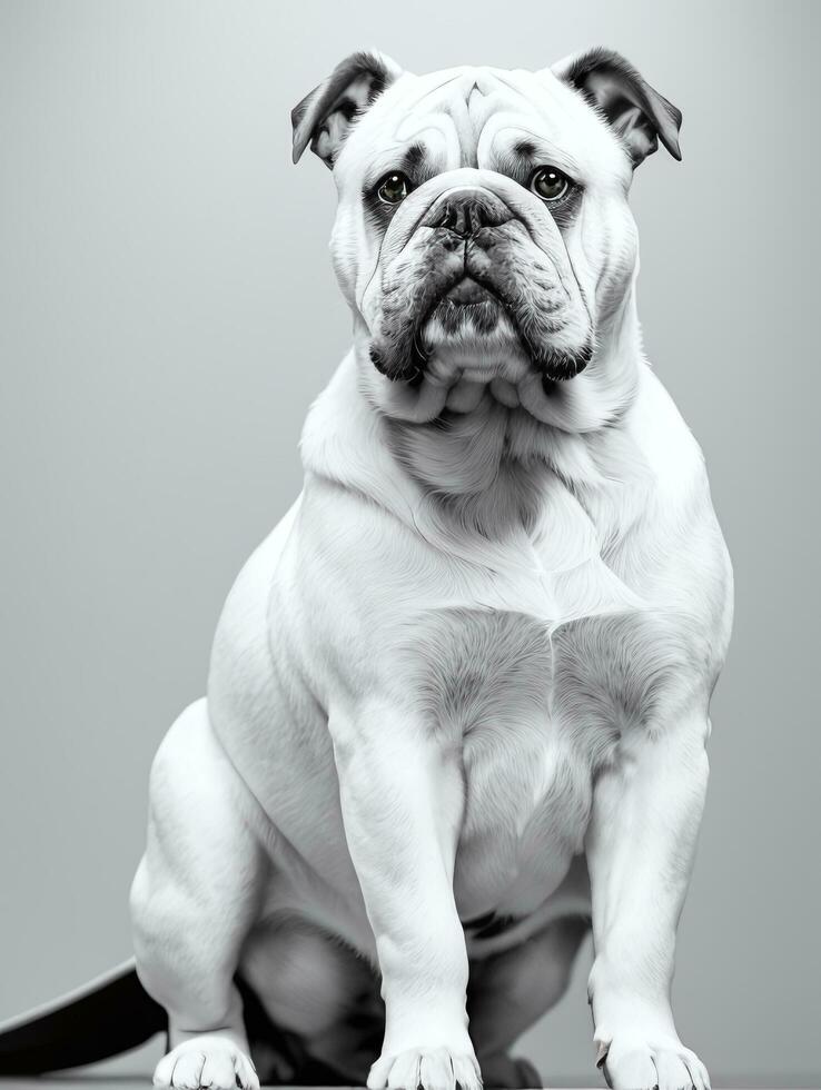 Happy Dog Bulldog Black and White Monochrome Photo in Studio Lighting