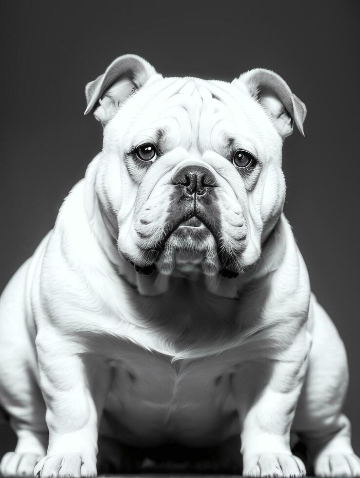 Happy Dog Bulldog Black and White Monochrome Photo in Studio Lighting