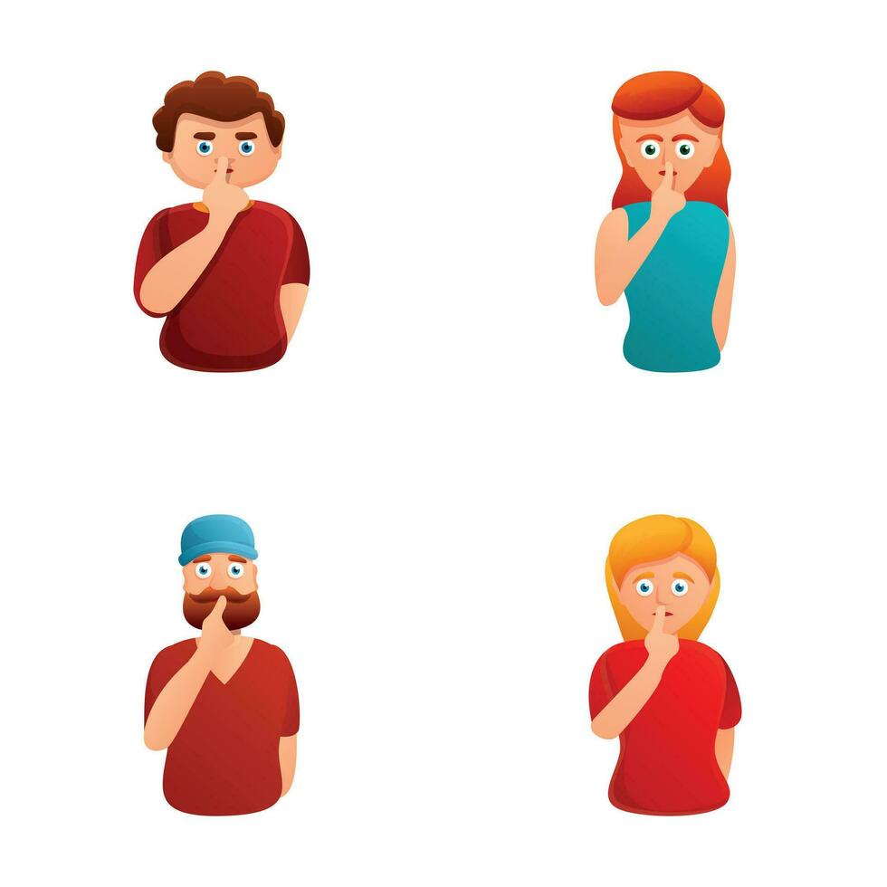 Silence icons set cartoon vector. Man and woman keep finger on lips vector