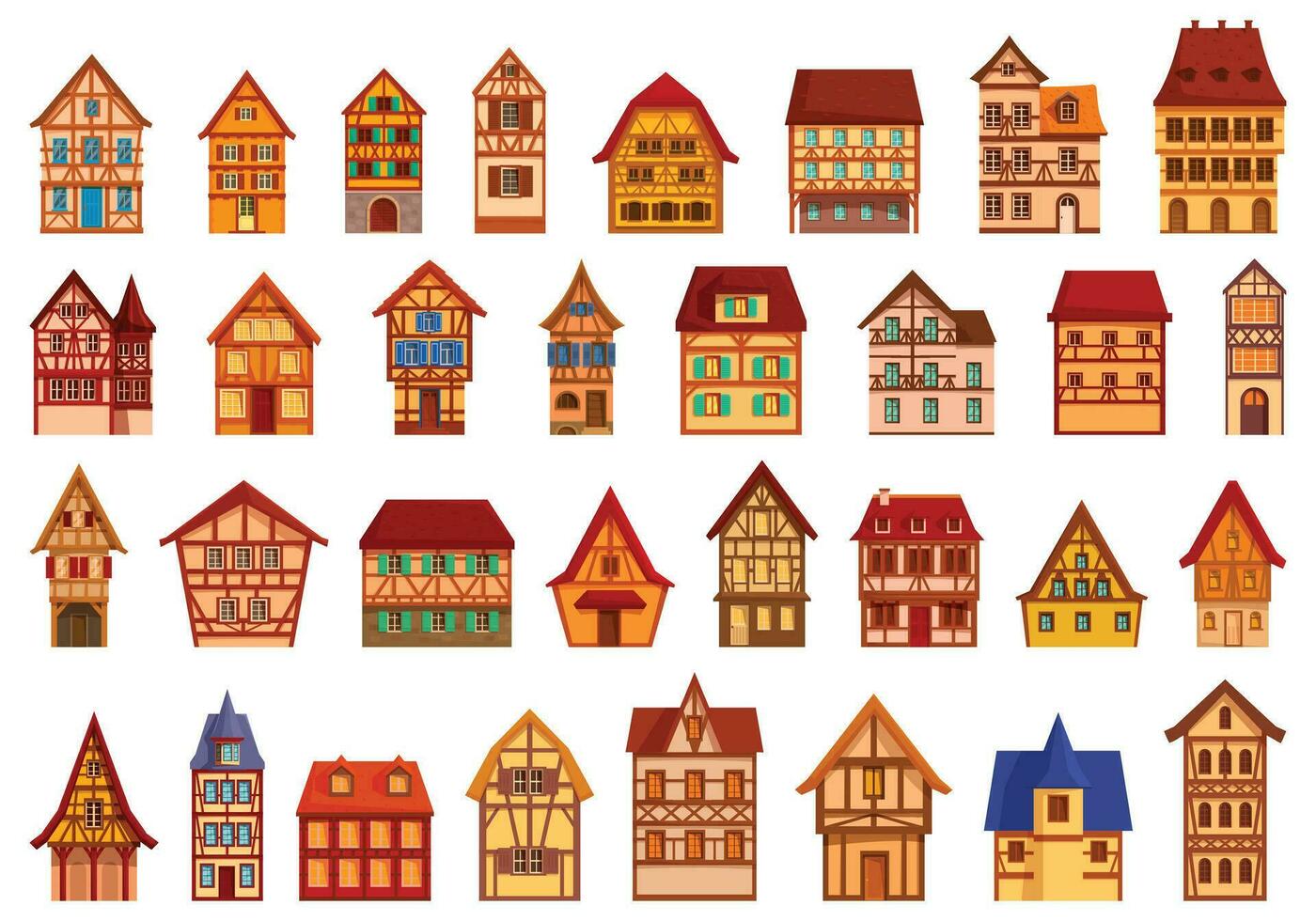 tradicional alemán casas íconos conjunto dibujos animados vector. medieval pueblo vector