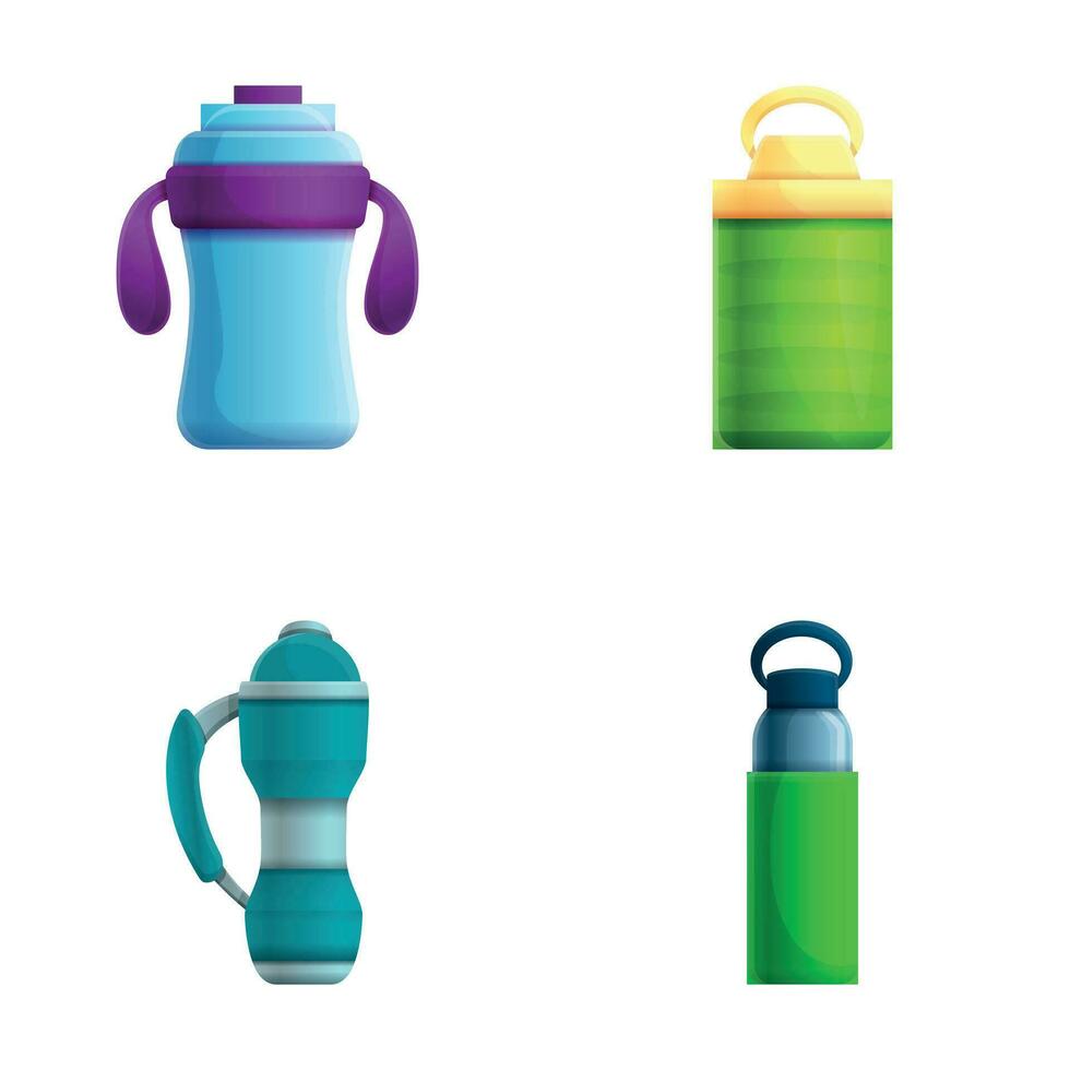 Water bottle icons set cartoon vector. Various vacuum insulated water bottle vector