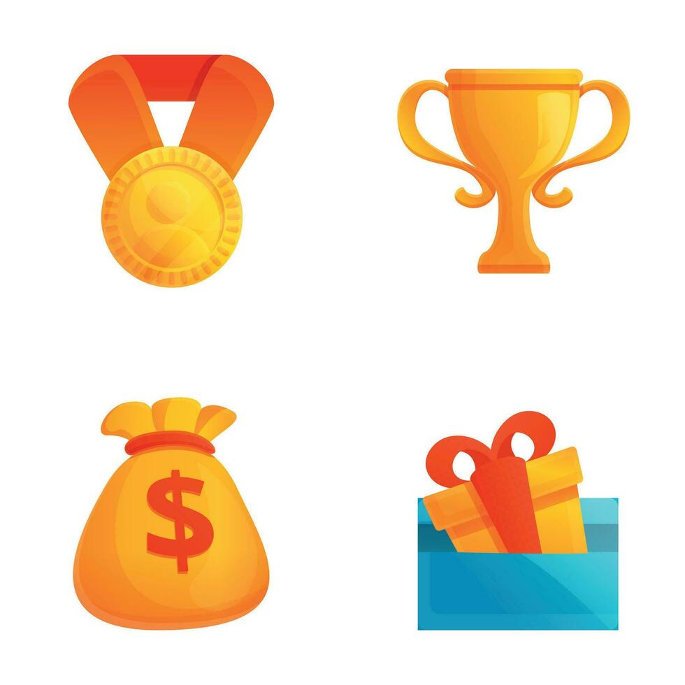 Achievement icons set cartoon vector. Award trophy cup gold medal and money bag vector