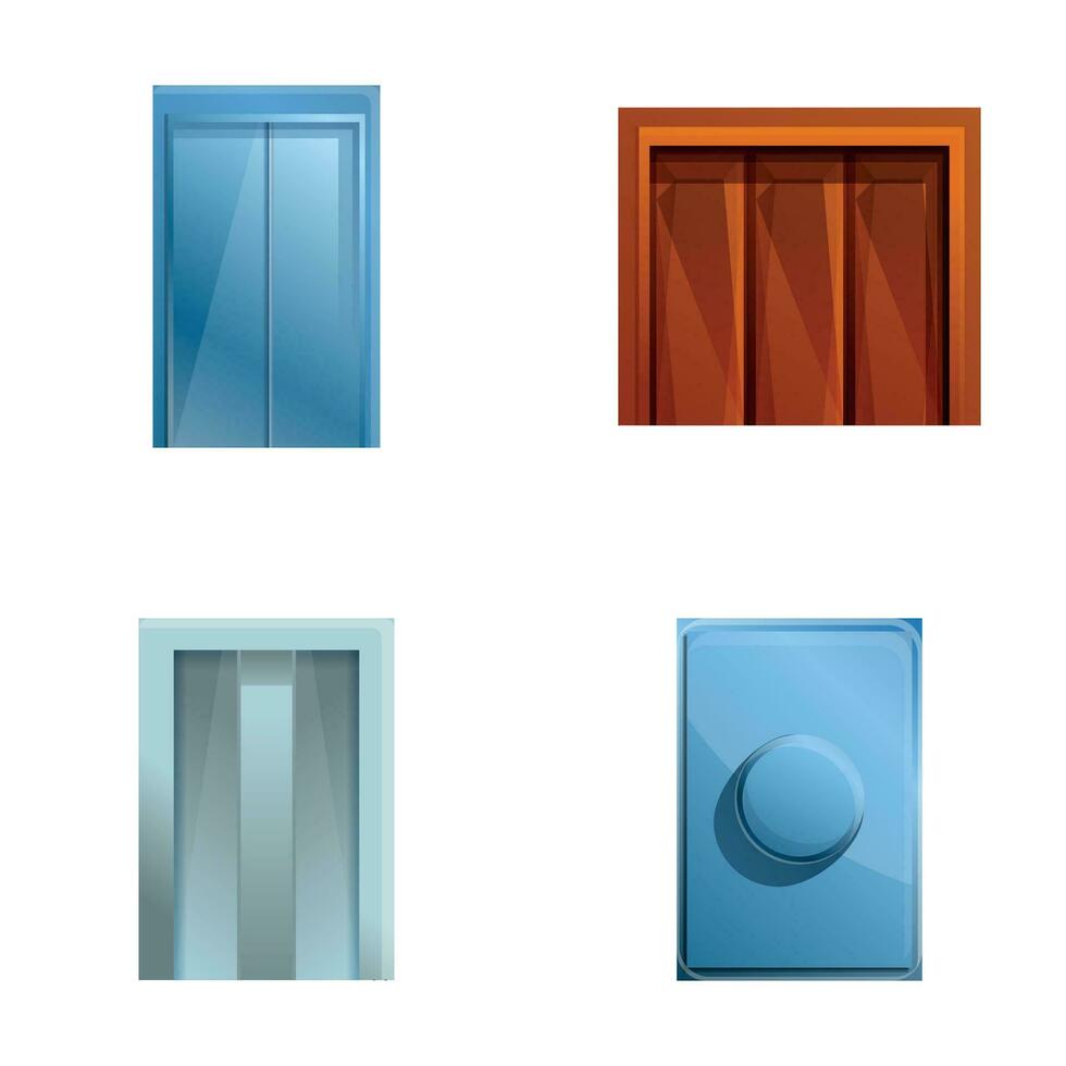 Various elevator icons set cartoon vector. Glass and steel elevator vector