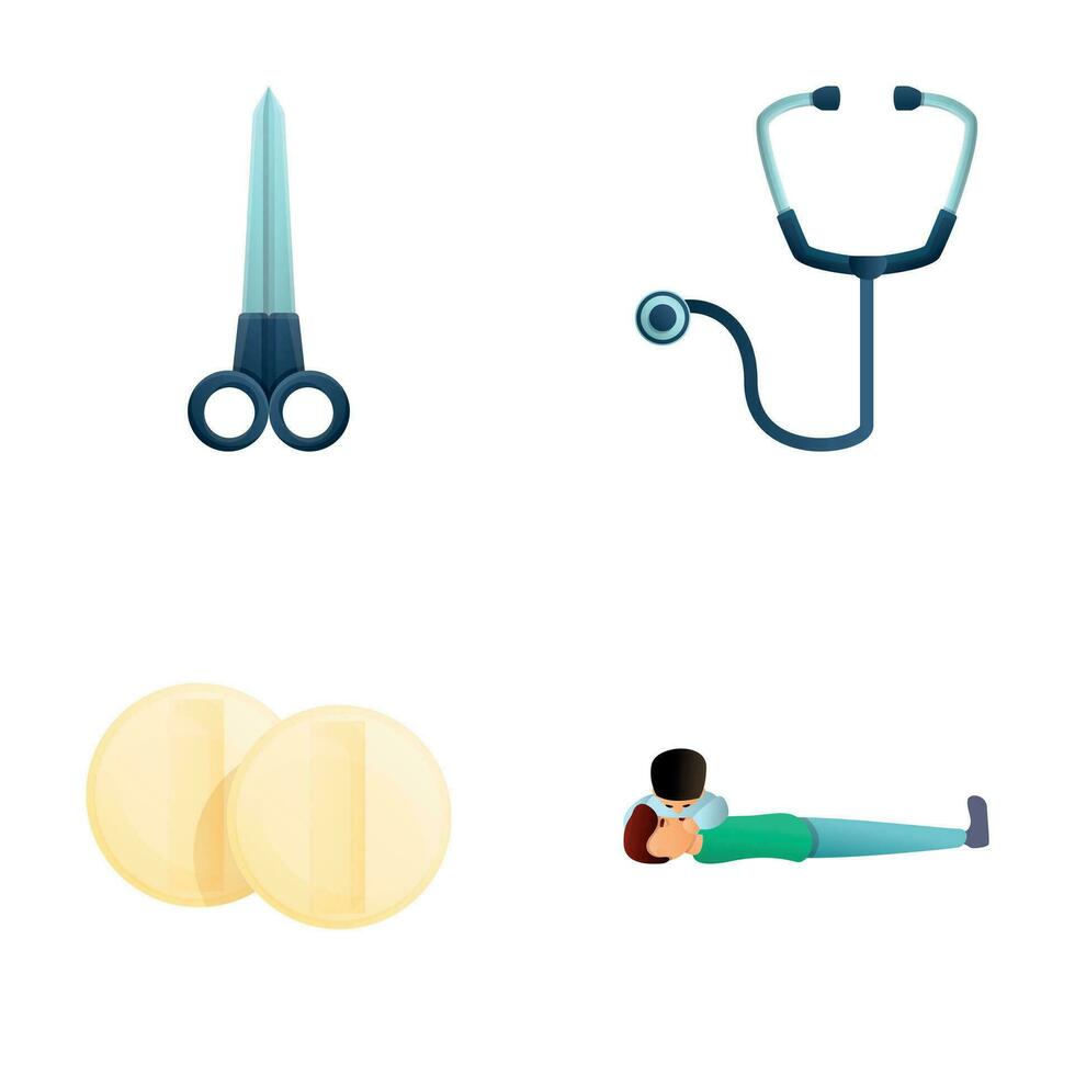 First aid icons set cartoon vector. Medical staff perform artificial respiration vector