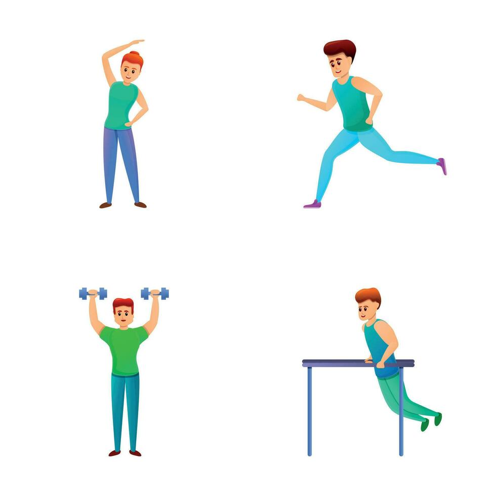 Athlete icons set cartoon vector. Man and woman doing sport vector