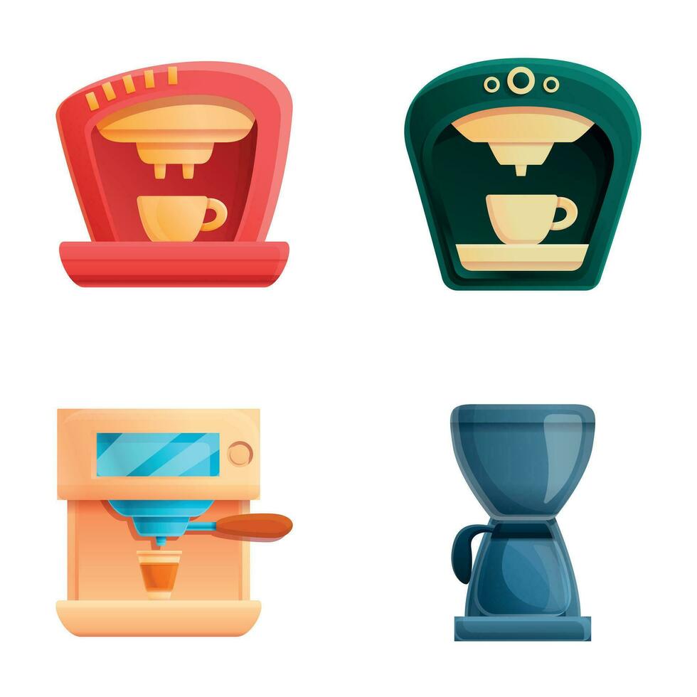 Coffee maker icons set cartoon vector. Coffee pot and espresso machine with cup vector