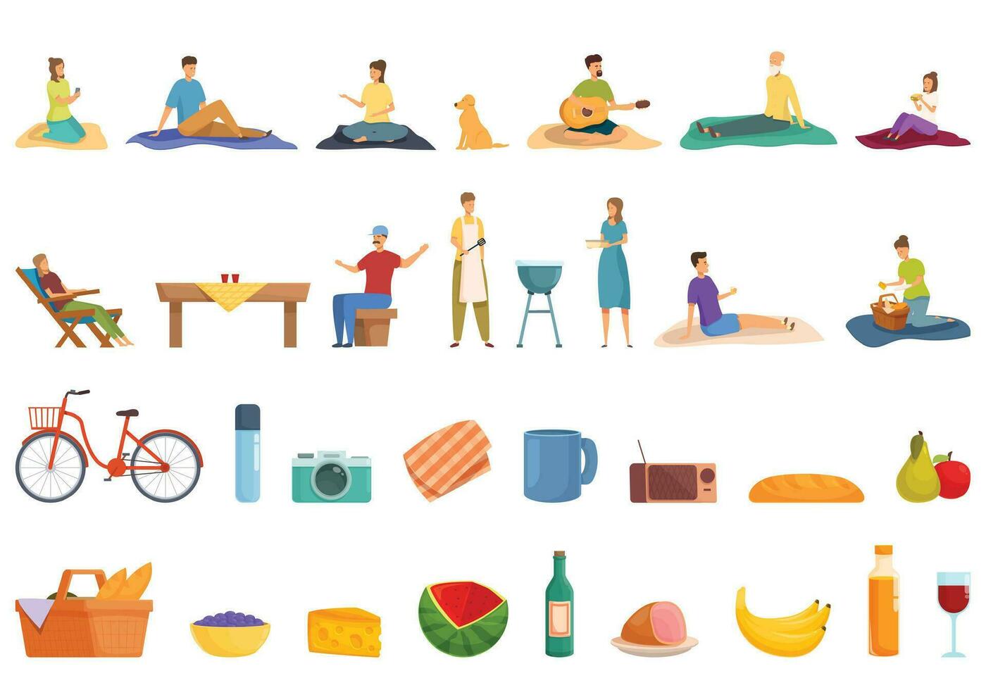 Picnic in city park icons set cartoon vector. Served dinner lawn vector