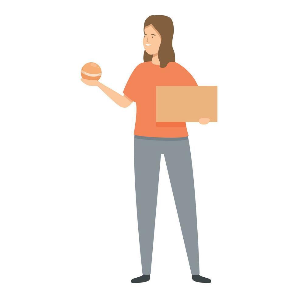 Happy girl holding ball toy icon cartoon vector. Female customer with cardboard. vector