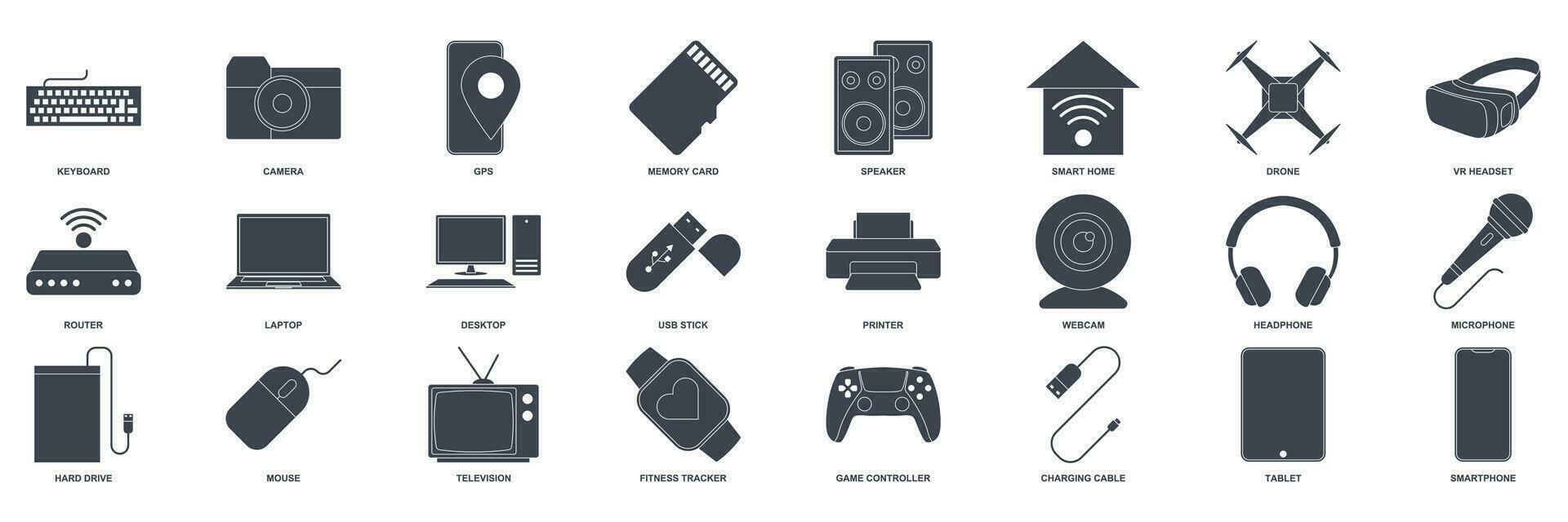 dispositivo icono colocar, incluido íconos como computadora portátil, zumbido, vocero, gamepad y más símbolos recopilación, logo aislado vector ilustración