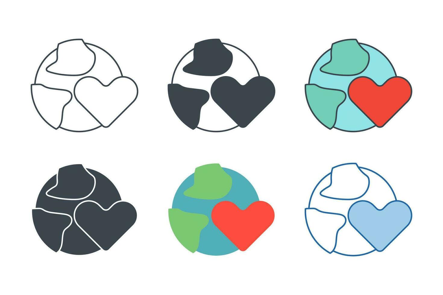 Globe with Heart icon collection with different styles. Earth Love icon symbol vector illustration isolated on white background