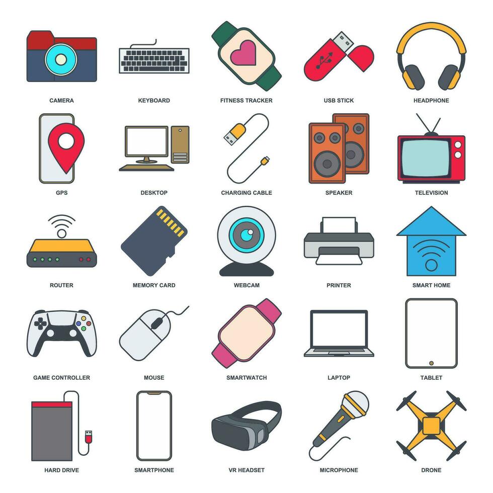 dispositivo icono colocar, incluido íconos como computadora portátil, zumbido, vocero, gamepad y más símbolos recopilación, logo aislado vector ilustración