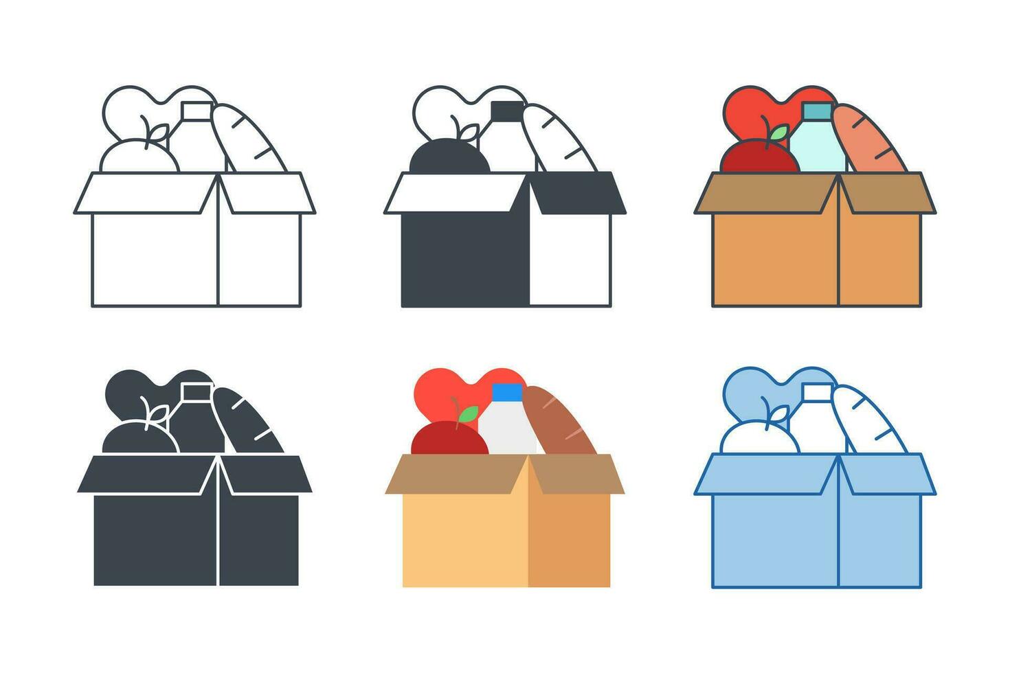 comida donación icono colección con diferente estilos. caja de comida con corazón icono símbolo vector ilustración aislado en blanco antecedentes