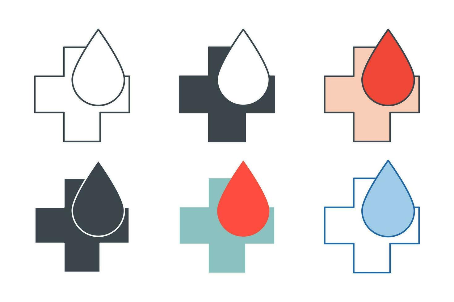 Blood Drop with Cross icon collection with different styles. Water drop plus icon symbol vector illustration isolated on white background